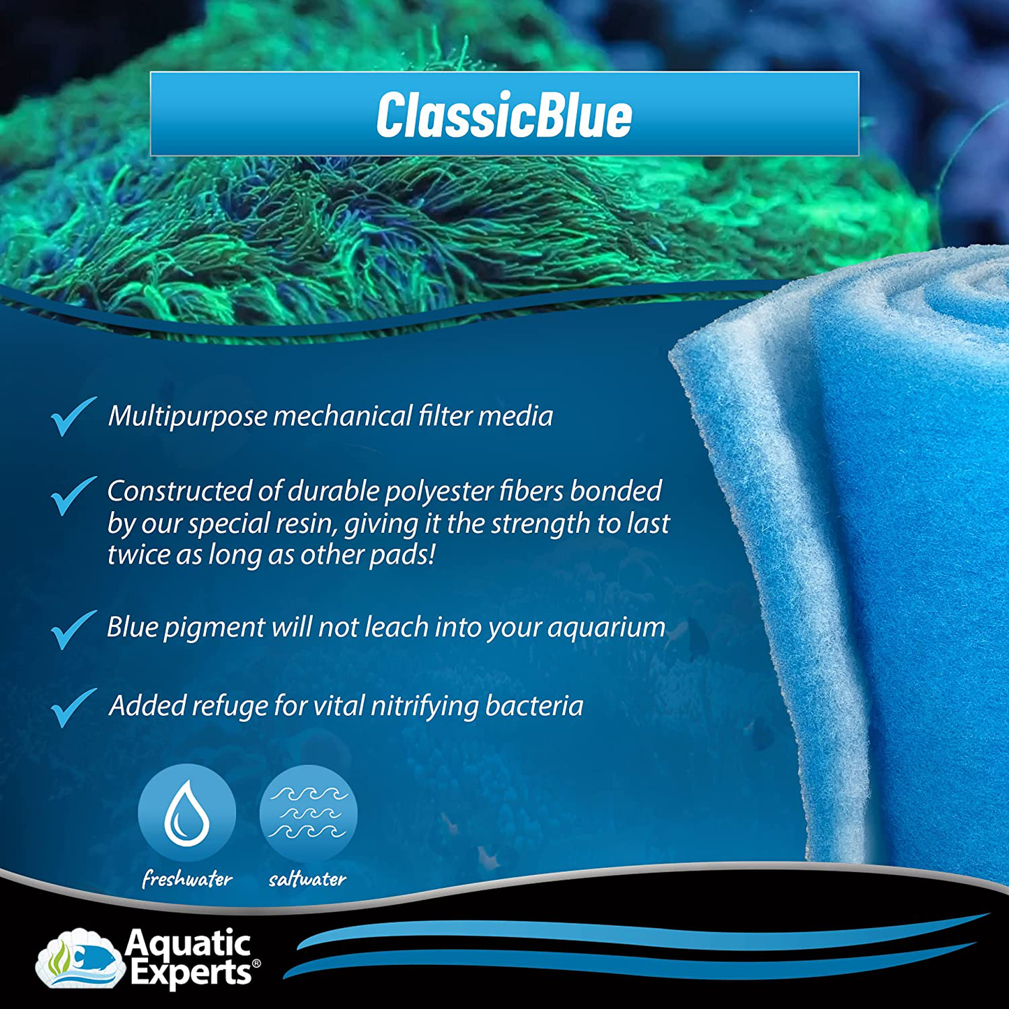 Aquatic Experts Classic Bonded Aquarium Filter Pad - Blue and White Aquarium Filter Media Roll Bulk Can Be Cut to Fit Most Filters, Made in USA Animals & Pet Supplies > Pet Supplies > Fish Supplies > Aquarium Filters Aquatic Experts   