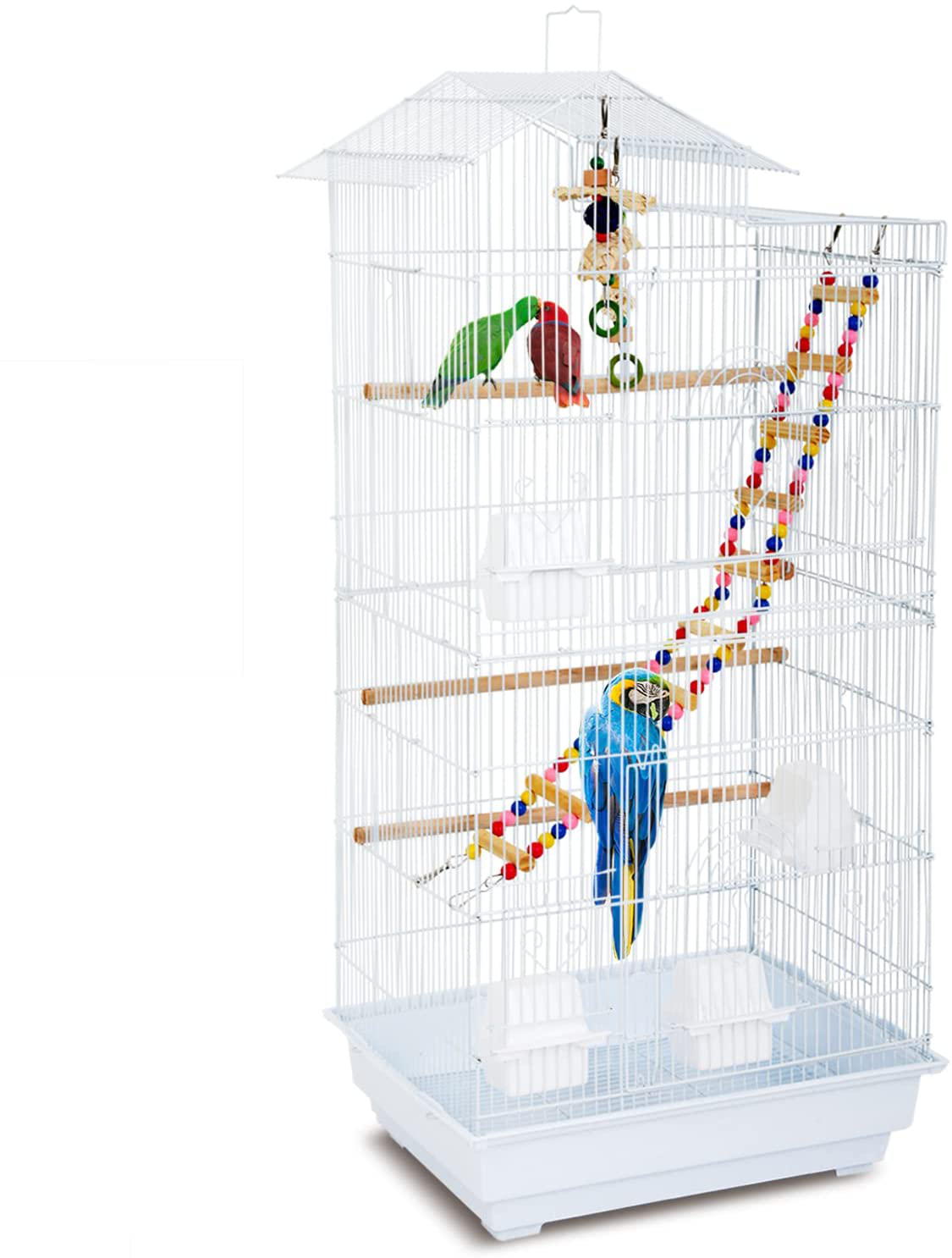 HCY 39 Inches Bird Cage Roof Top Large Flight Parrot Bird Cage with Toys for Small Medium Birds, Cockatiel,Parakeets,Parrot,Lovebirds,Finch,Canary Pet Bird Cage Animals & Pet Supplies > Pet Supplies > Bird Supplies > Bird Cage Accessories HCY White  