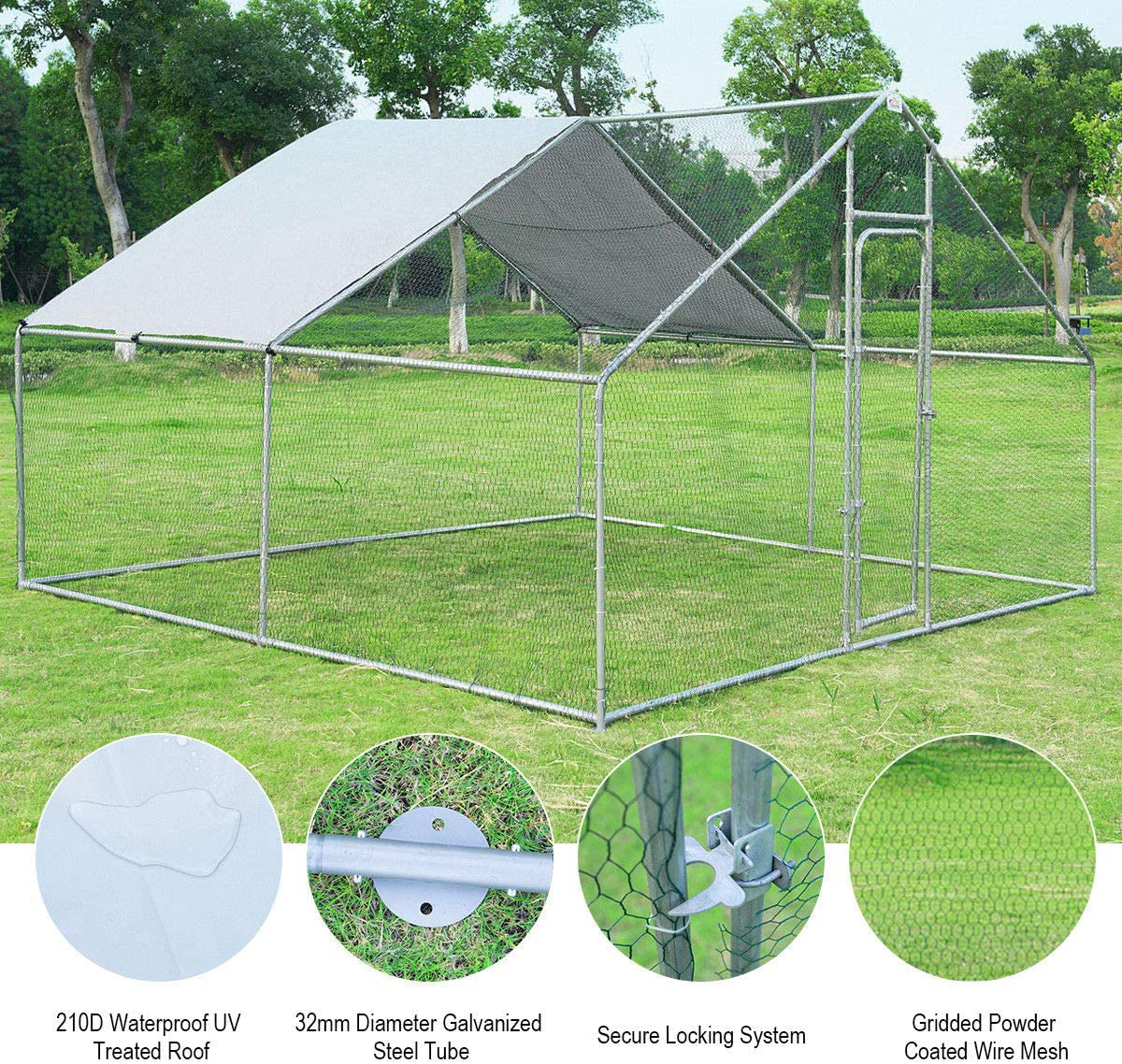 Large Metal Chicken Coop Walk-In Chicken Coops Run House Shade Cage with Waterproof and Sun Protection Cover for Outdoor Backyard Farm Use (13 X 13Ft)