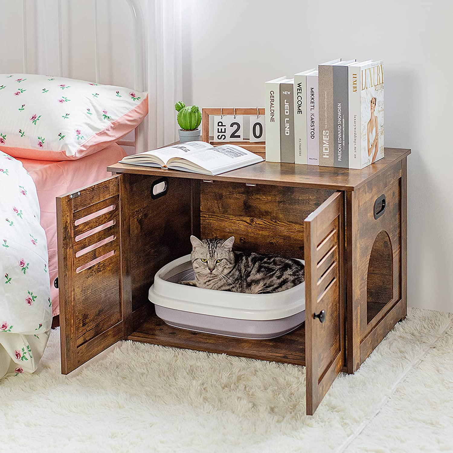 DINZI LVJ Litter Box Enclosure, Cat Litter House with Louvered Doors, Entrance Can Be on Left or Right Side, Spacious Hidden Cat Washroom for Most of Litter Box, Cat Furniture Cabinet, Rustic Brown Animals & Pet Supplies > Pet Supplies > Cat Supplies > Cat Furniture DINZI LVJ   