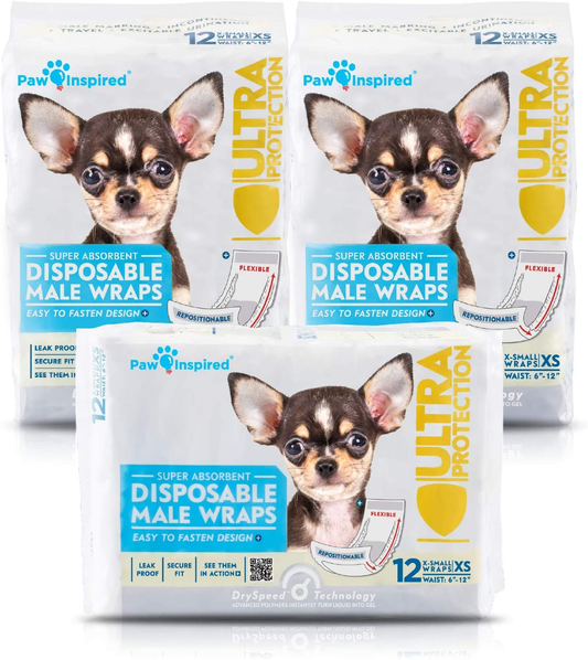 Paw Inspired 36Ct Disposable Male Dog Wraps, Belly Band for Dogs | Disposable Dog Diapers Male | Belly Bands for Male Dogs | Excitable Urination, Incontinence, or Male Marking Animals & Pet Supplies > Pet Supplies > Dog Supplies > Dog Diaper Pads & Liners Paw Inspired X-Small  