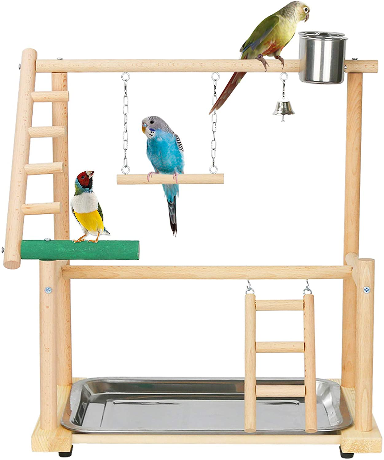 Ozzptuu Bird Playground Natural Wood Small/Medium Parrot Playstand Pet Bird Feeder Perch Stand with Seed Cups Ladder Hanging Swing Animals & Pet Supplies > Pet Supplies > Bird Supplies > Bird Gyms & Playstands Ozzptuu   