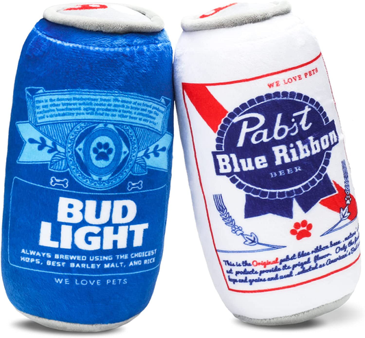 Bud Light & Pabjt Blue Ribbon - Squeaky Plush Dog Toys - Two Pack Funny Dog Drinks Toys for Medium, Small, Large - Beer Can Dog Chew Toy, Cute Dog Gifts for Dog Birthday, Durable and Non Toxic Animals & Pet Supplies > Pet Supplies > Dog Supplies > Dog Toys Cemocle   