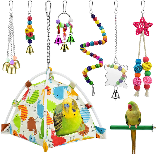 KATUMO Bird Parrot Toys, Bird Nest Hut Hanging Habitat Tent Colorful Wood Beads Hanging Mirror Bird Perch Chewing Bell Toys for Conures, Cockatiel, Budgerigar, Lovebird, Sparrow Ect Small Birds Animals & Pet Supplies > Pet Supplies > Bird Supplies > Bird Toys KATUMO   