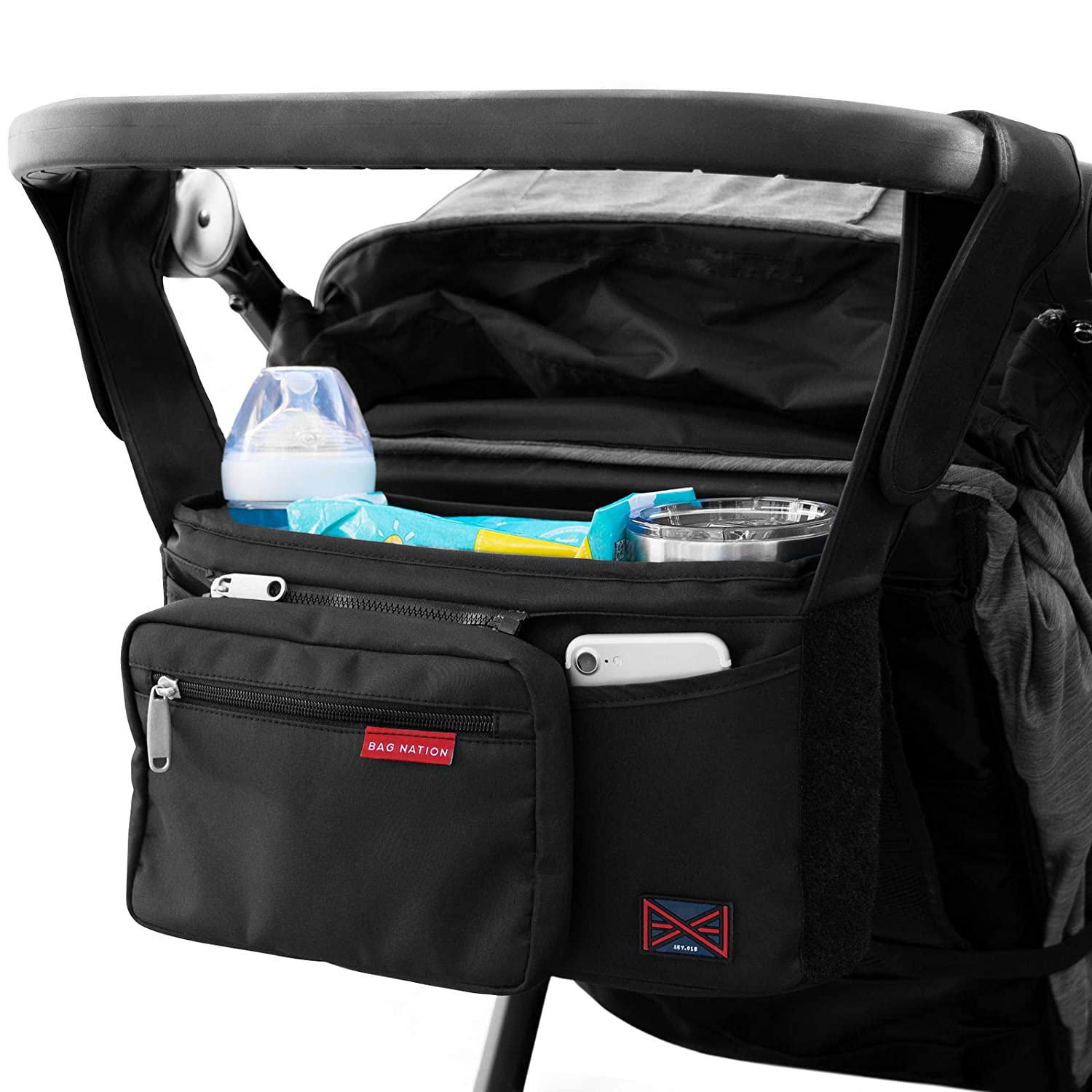 Bag Nation Universal Stroller Organizer Caddy Featuring Cup Holders, Large Main Pocket Compatible with Uppababy, Baby Jogger, Britax, Bugaboo, BOB, Umbrella and Pet Stroller - Grey Animals & Pet Supplies > Pet Supplies > Dog Supplies > Dog Treadmills Bag Nation Black  
