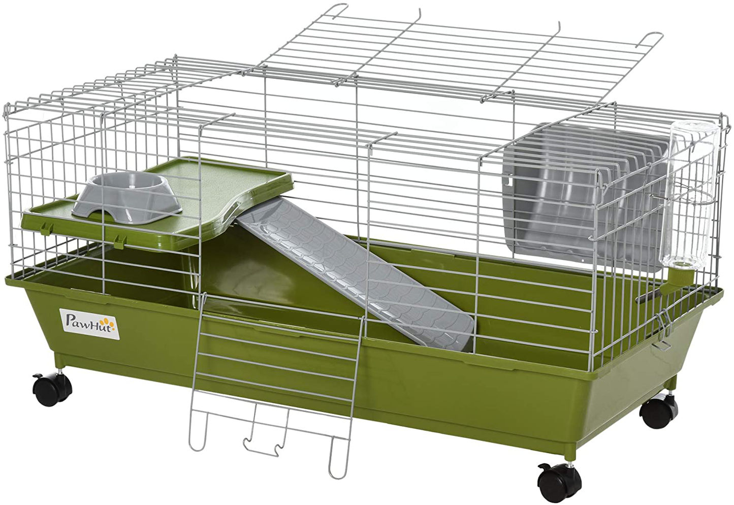 Pawhut Small Animal Cage Rabbit Chinchilla Guinea Pig Hutch Pet Play House with Platform, Ramp, Food Dish, Water Bottle, Hay Feeder
