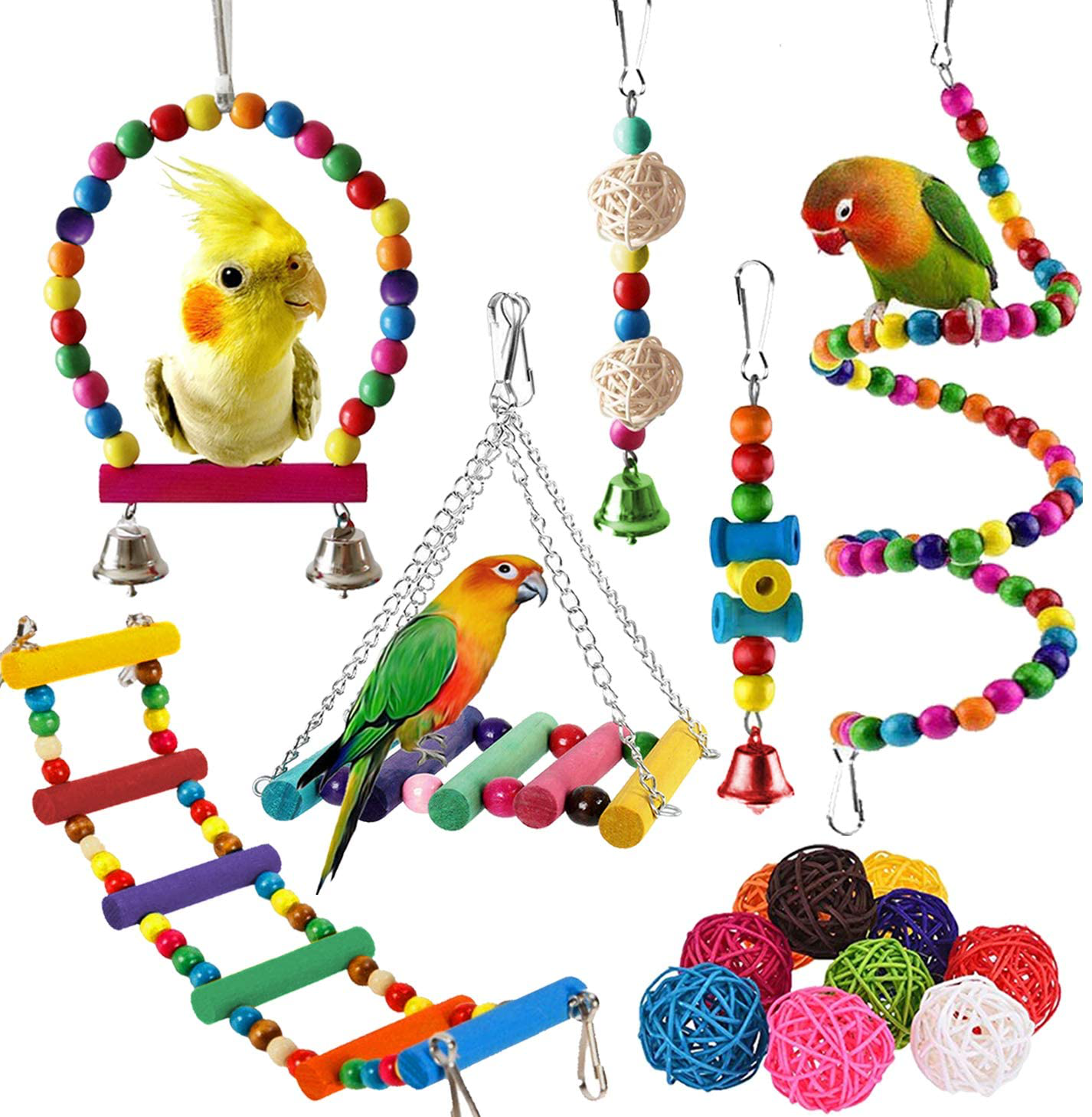 SUSYEE 16 Pcs Bird Toys Parrot Swing Toys Bird Perch Stand Chewing Hanging Swing Toys Pet Climbing Ladders Rattan Balls Suitable for Small Parakeets, Conures,Macaws,Cockatiel,Finches,Budgie,Love Birds Animals & Pet Supplies > Pet Supplies > Bird Supplies > Bird Ladders & Perches SUSYEE   