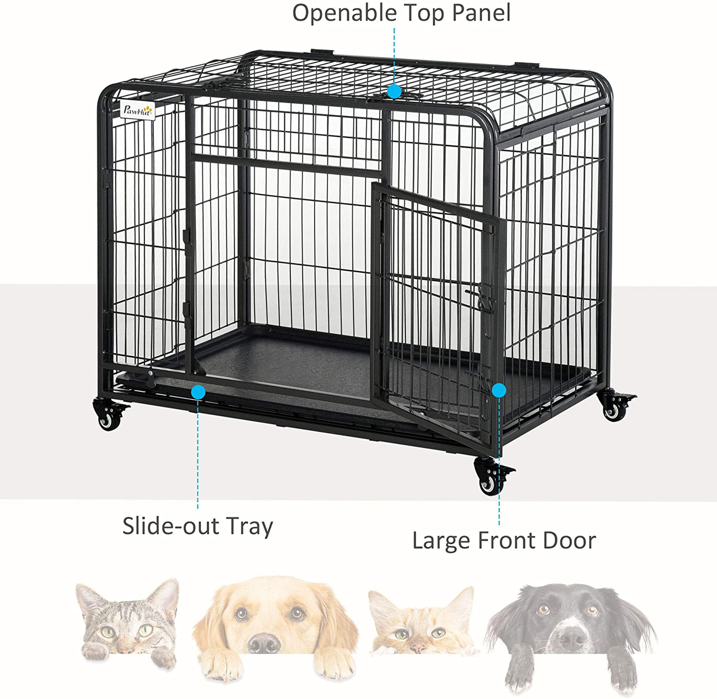 Pawhut Folding Design Heavy Duty Metal Dog Cage Crate & Kennel with Removable Tray and Cover, & 4 Locking Wheels, Indoor/Outdoor