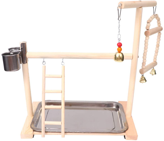 POPETPOP Parrot Perch Playground - Bird Training Stand Wood Bird Gym Playpen with Feeder Seed Cups Ladder, Exercise Play Toys for Budgies, Conures, Parakeets Animals & Pet Supplies > Pet Supplies > Bird Supplies > Bird Gyms & Playstands POPETPOP   