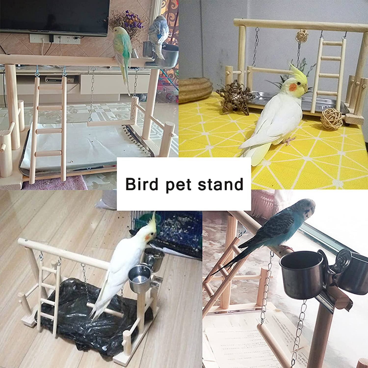 Fantasyday Bird Play Stand, Natural Wooden Bird Playground Birds Gym Bird Toy Accessories with Stainless Steel Feeding Stair Swing for Parrots, Finches # 1 Animals & Pet Supplies > Pet Supplies > Bird Supplies > Bird Gyms & Playstands FantasyDay   