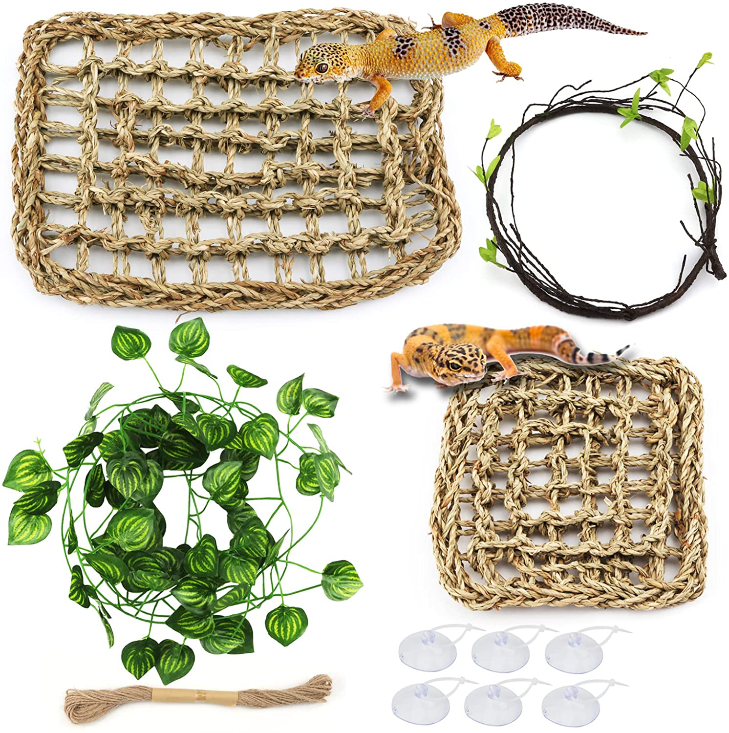 Pietypet Reptile Lizard Habitat Decor Accessories, Bearded Dragon Hammock, Reptile Hammock with Artificial Climbing Vines and Plants for Chameleon, Lizards, Gecko, Snakes, Lguana Animals & Pet Supplies > Pet Supplies > Reptile & Amphibian Supplies > Reptile & Amphibian Habitats PietyPet 2 Reptile Hammock with plants  