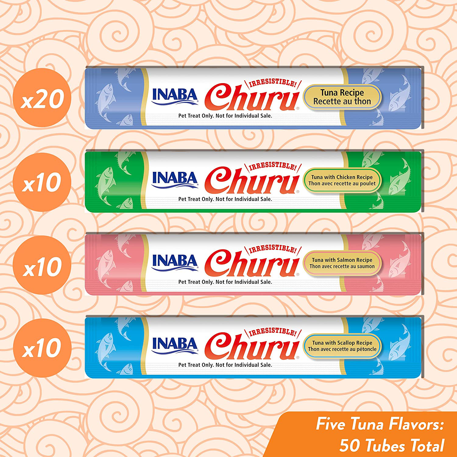 INABA Churu Tuna Lickable Creamy Purée Cat Treats 4 Flavor Variety Pack of 50 Tubes Animals & Pet Supplies > Pet Supplies > Bird Supplies > Bird Treats INABA   