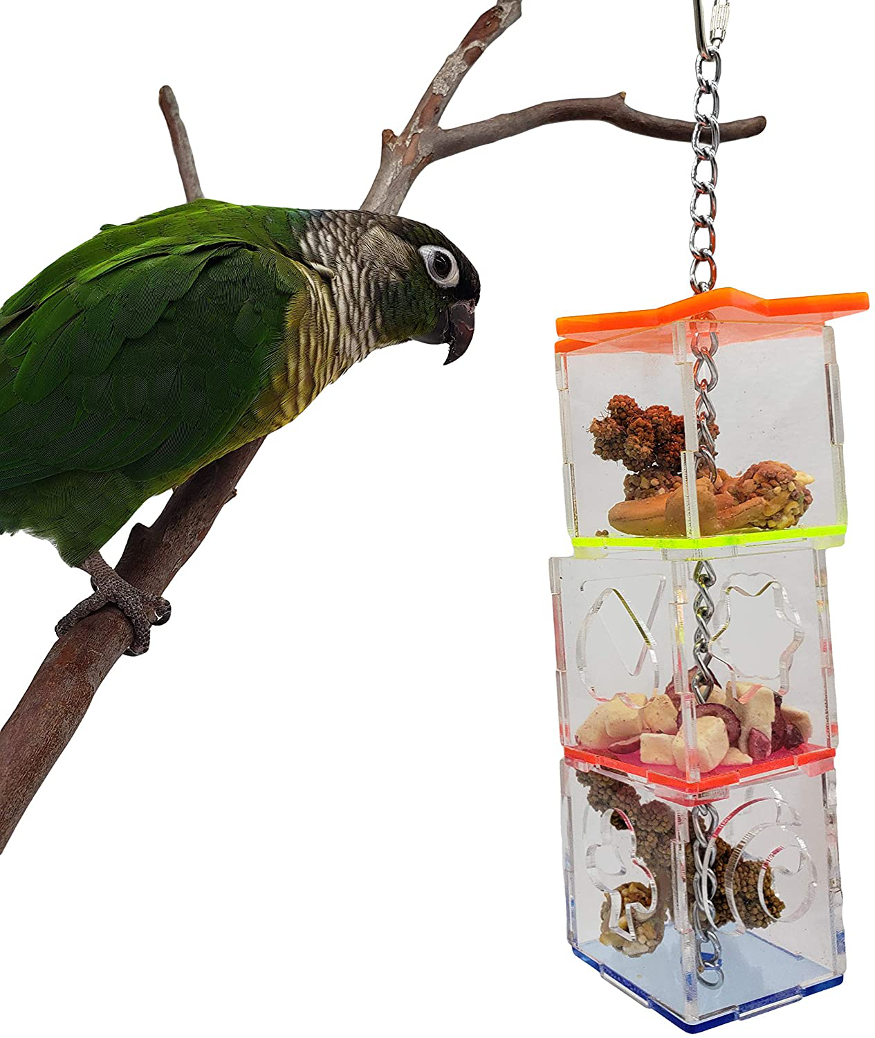 Tropical Chickens Parrot Bird Boredom Buster Forage Box Creative Hanging Treat Foraging Toy Conure Cockatiel for Small Bird Enrichment Transparent Acrylic Food Holder Animals & Pet Supplies > Pet Supplies > Bird Supplies > Bird Toys Tropical Chickens   