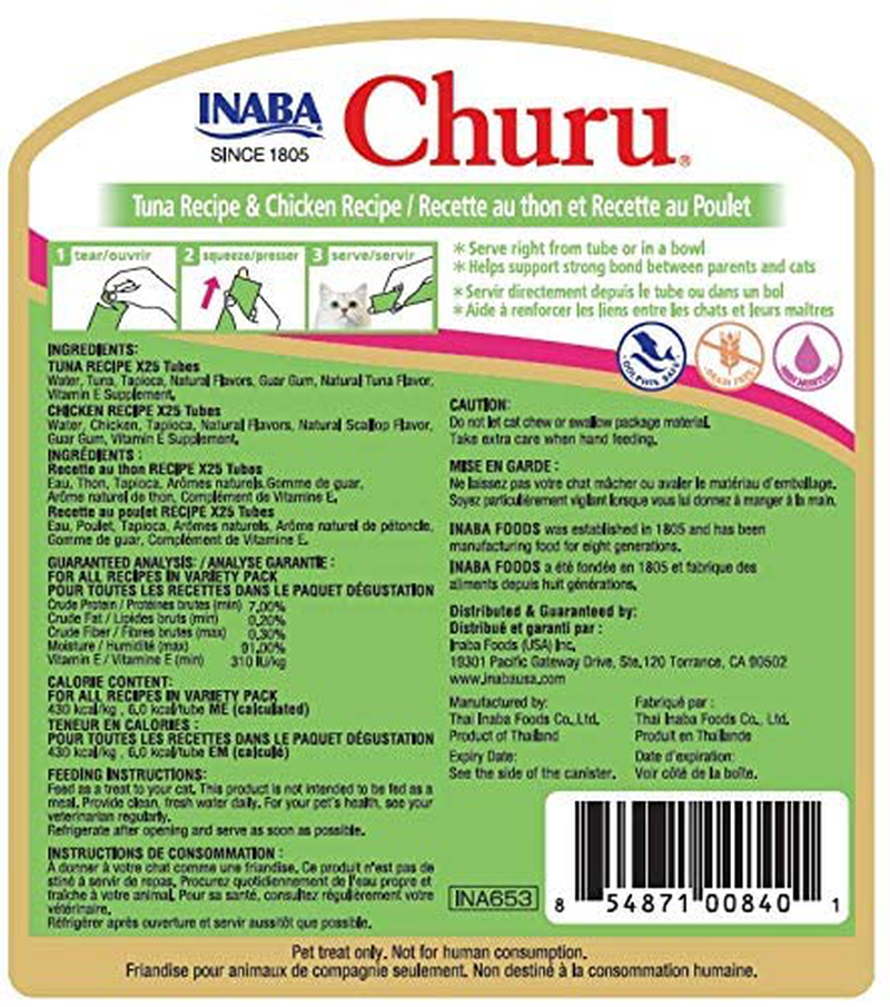 INABA Churu Cat Treats, Grain-Free, Lickable, Squeezable Creamy Purée Cat Treat/Topper with Vitamin E and Green Tea Extract, 0.5 Ounces Each Tube, 50 Tubes, Tuna & Chicken Variety