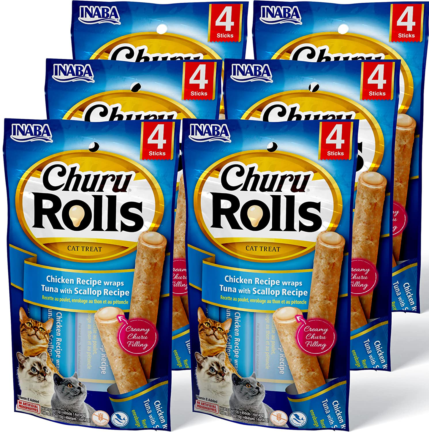 INABA Churu Rolls for Cats, Grain-Free, Soft/Chewy Baked Chicken Wrapped Churu Filled Cat Treats, 0.35 Ounces Each Stick Animals & Pet Supplies > Pet Supplies > Cat Supplies > Cat Treats INABA Tuna with Scallop 24 Sticks 
