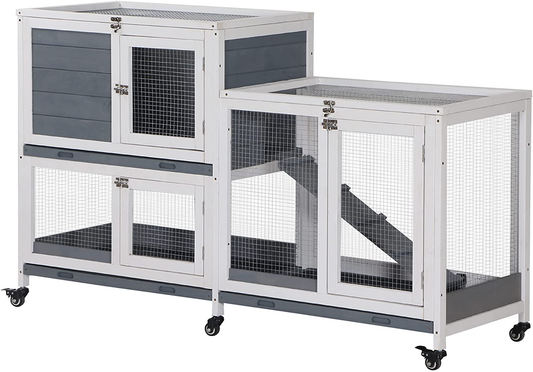 Pawhut Wooden Rabbit Hutch Elevated Pet House Bunny Cage Small Animal Habitat with Slide-Out Tray Lockable Door Openable Top for Indoor 57.75" X 18" X 32.5" Grey