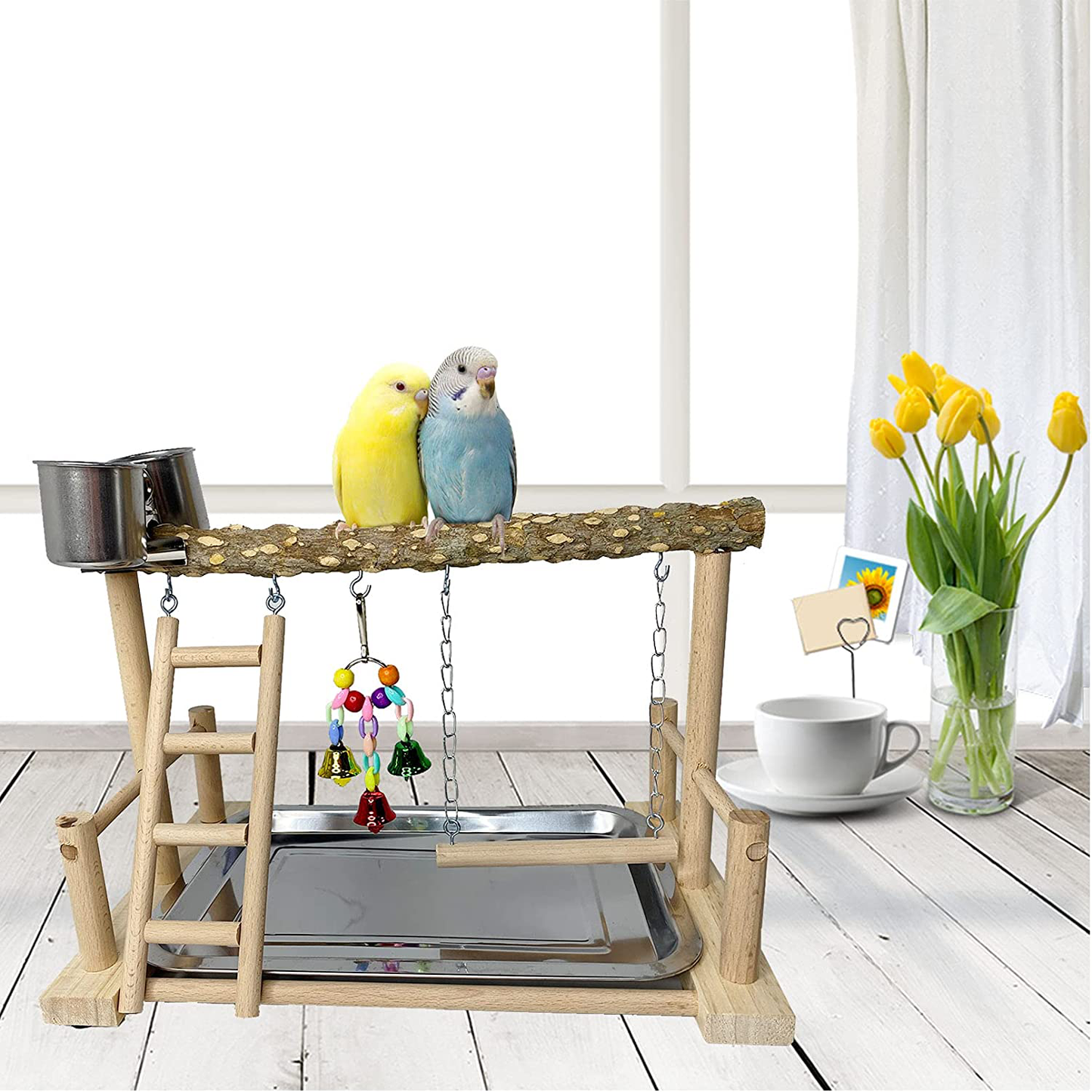 Kathson Parrots Playground Bird Perch Wood Playstand Stand with Ladder Swing Feeder Cups Chew Toy for Parakeet Conure Cockatiel Budgie Lovebird Finch Small Birds Animals & Pet Supplies > Pet Supplies > Bird Supplies > Bird Cages & Stands kathson   