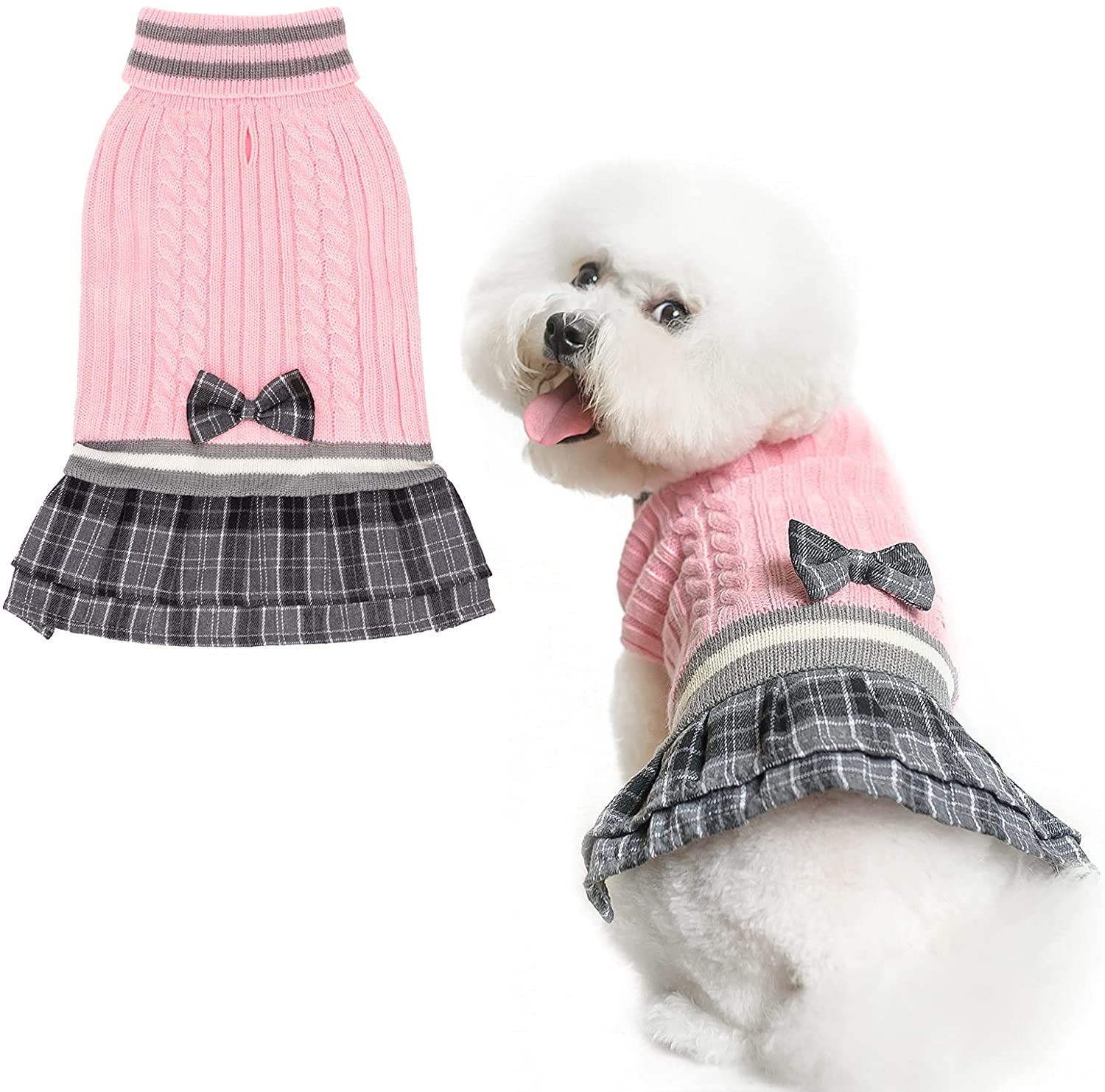 Dog Sweater Dress Plaid Dress with Bowtie - Dog Turtleneck Pullover Knitwear Cold Weather Sweater with Leash Hole, Suitable for Small Medium Dogs Puppies Animals & Pet Supplies > Pet Supplies > Dog Supplies > Dog Apparel PAWCHIE pink Small 