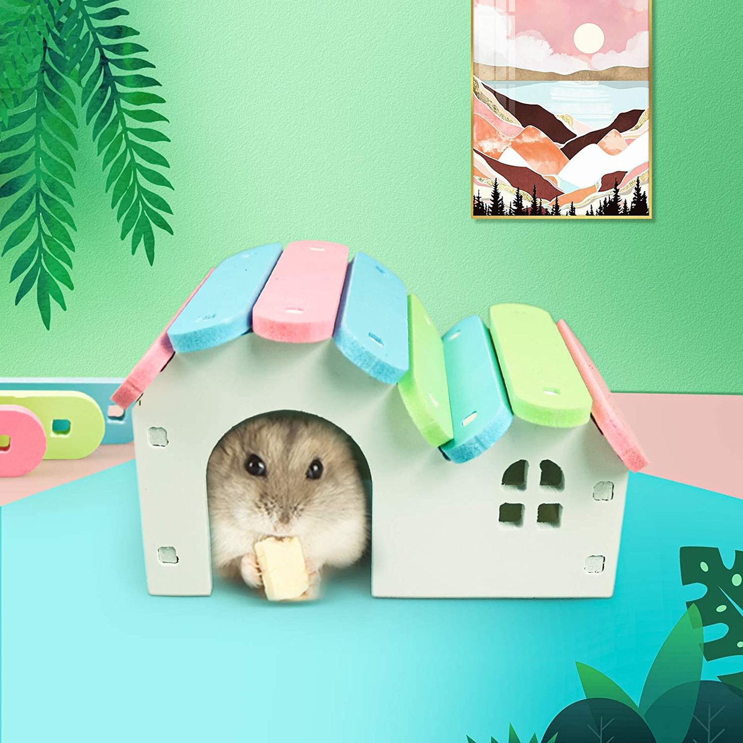 Roundler Dwarf Hamsters House DIY Wooden Gerbil Hideout Rainbow Bridge Swing and PVC Seesaw, Pet Sport Exercise Toys Set, Sugar Glider Syrian Hamster Cage Accessories, Suitable for Small Animal Animals & Pet Supplies > Pet Supplies > Small Animal Supplies > Small Animal Habitat Accessories Roundler   