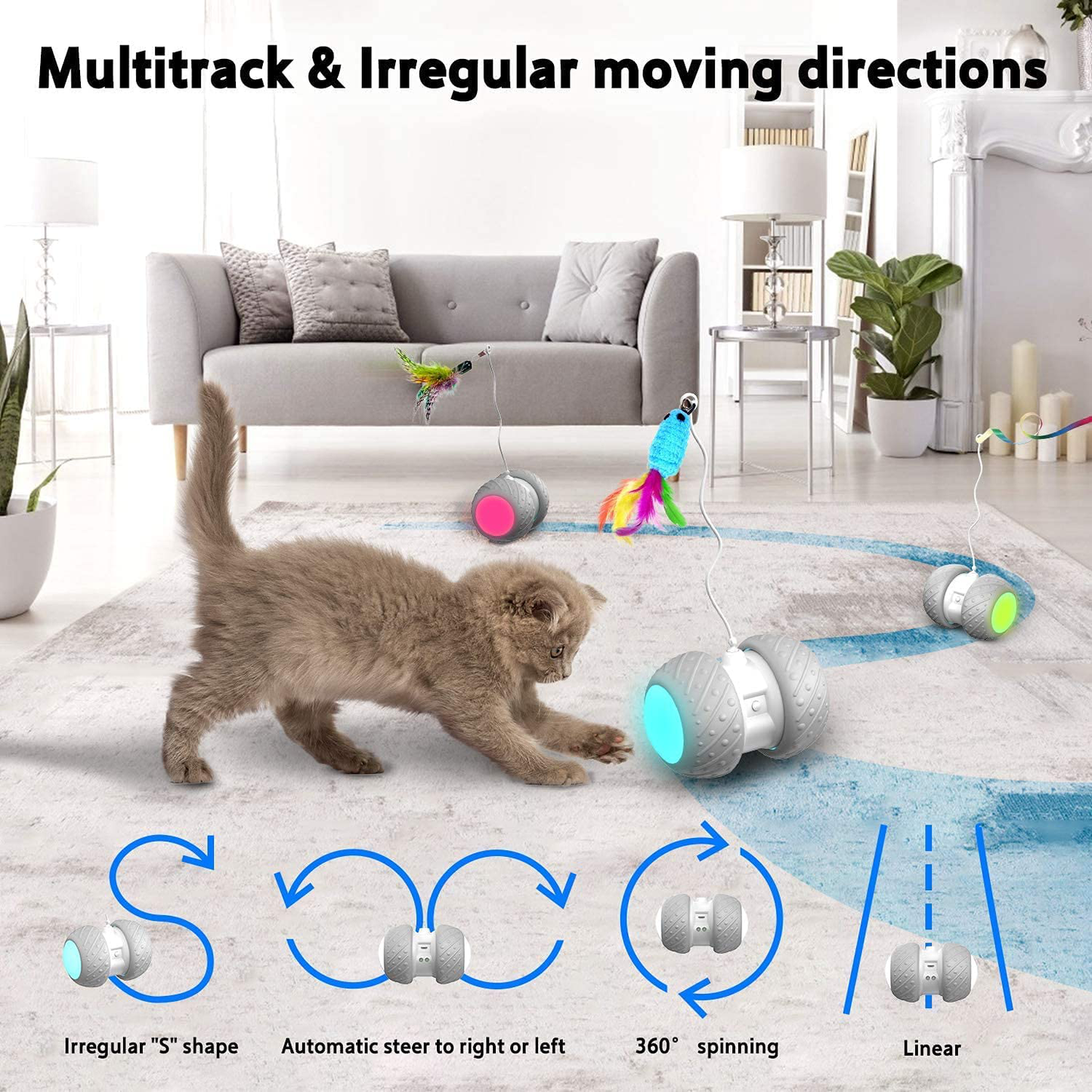 K-Berho Interactive Cat Toys for Indoor Cats, Irregularly Move Cat Ball Toys for Kitten/Cats, Robotic Cat Toy with Led Light/Feathers/Ribbon/Mouse Toys, Floors/Carpet Available, USB Charging Animals & Pet Supplies > Pet Supplies > Cat Supplies > Cat Toys k-berho   