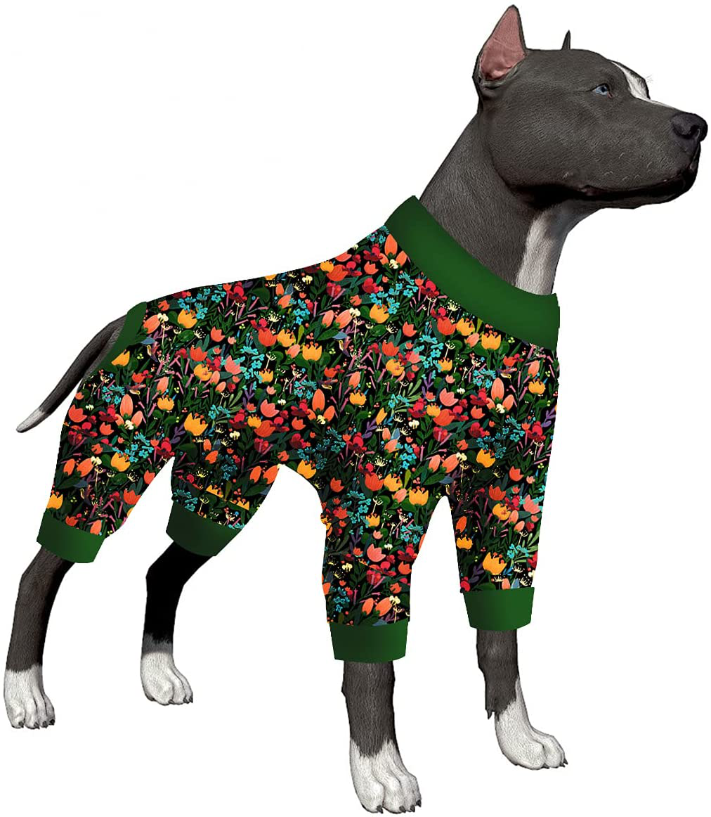 Lovinpet Dog Pajamas/Big Dog Clothes Post Surgery Wear/Lightweight Pitbull Dog Pullover Pajamas/Picnic Wild Flowers Navy Prints/Super-Soft Pullover Large Puppy Pajamas/Full Coverage Dog Pjs