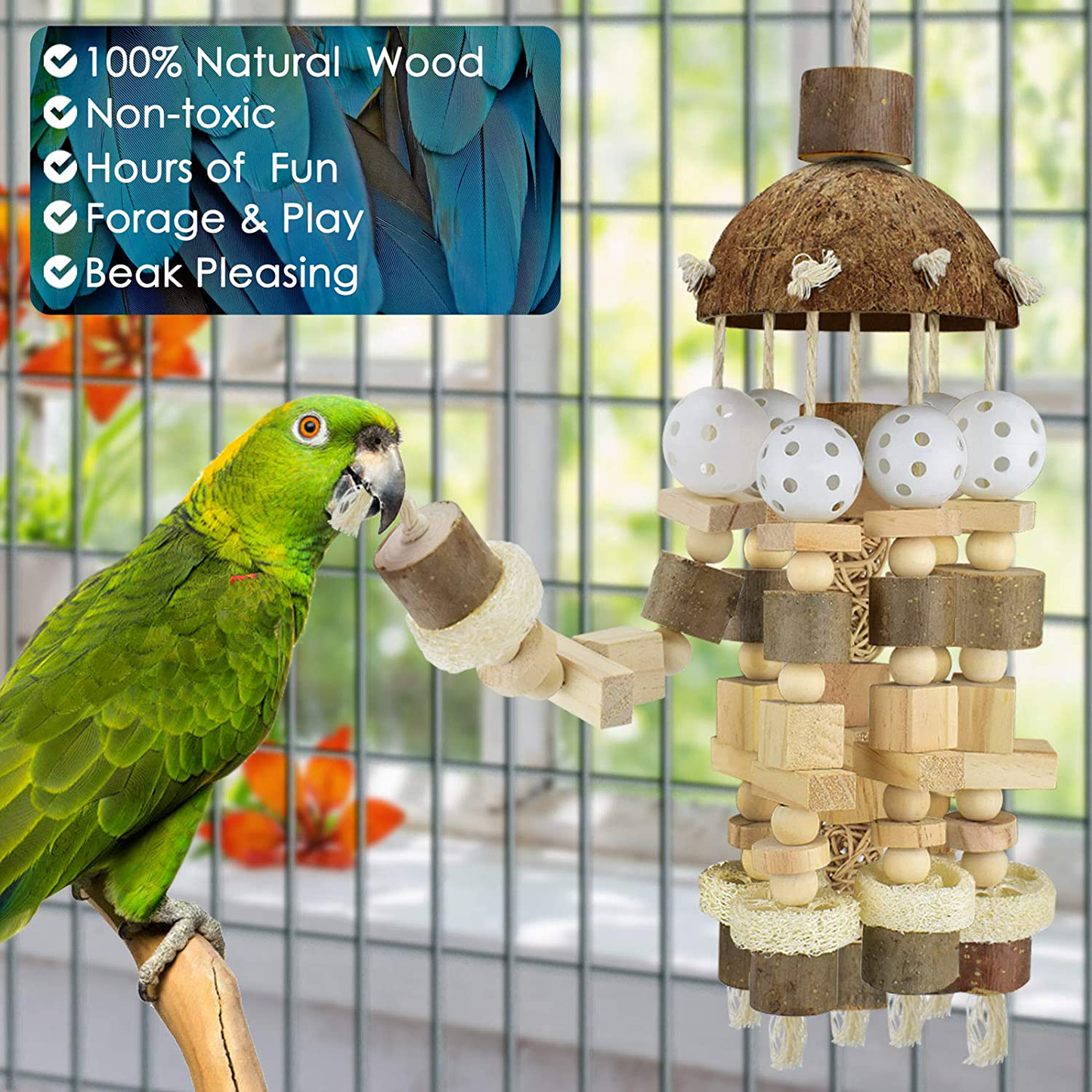 KATUMO Bird Parrot Toy, Large Parrot Toy Natural Wooden Blocks Bird Chewing Toy Parrot Cage Bite Toy Suits for African Grey Cockatoos Amazon Parrots Ect Large Medium Parrot Birds Animals & Pet Supplies > Pet Supplies > Bird Supplies > Bird Cage Accessories KATUMO   