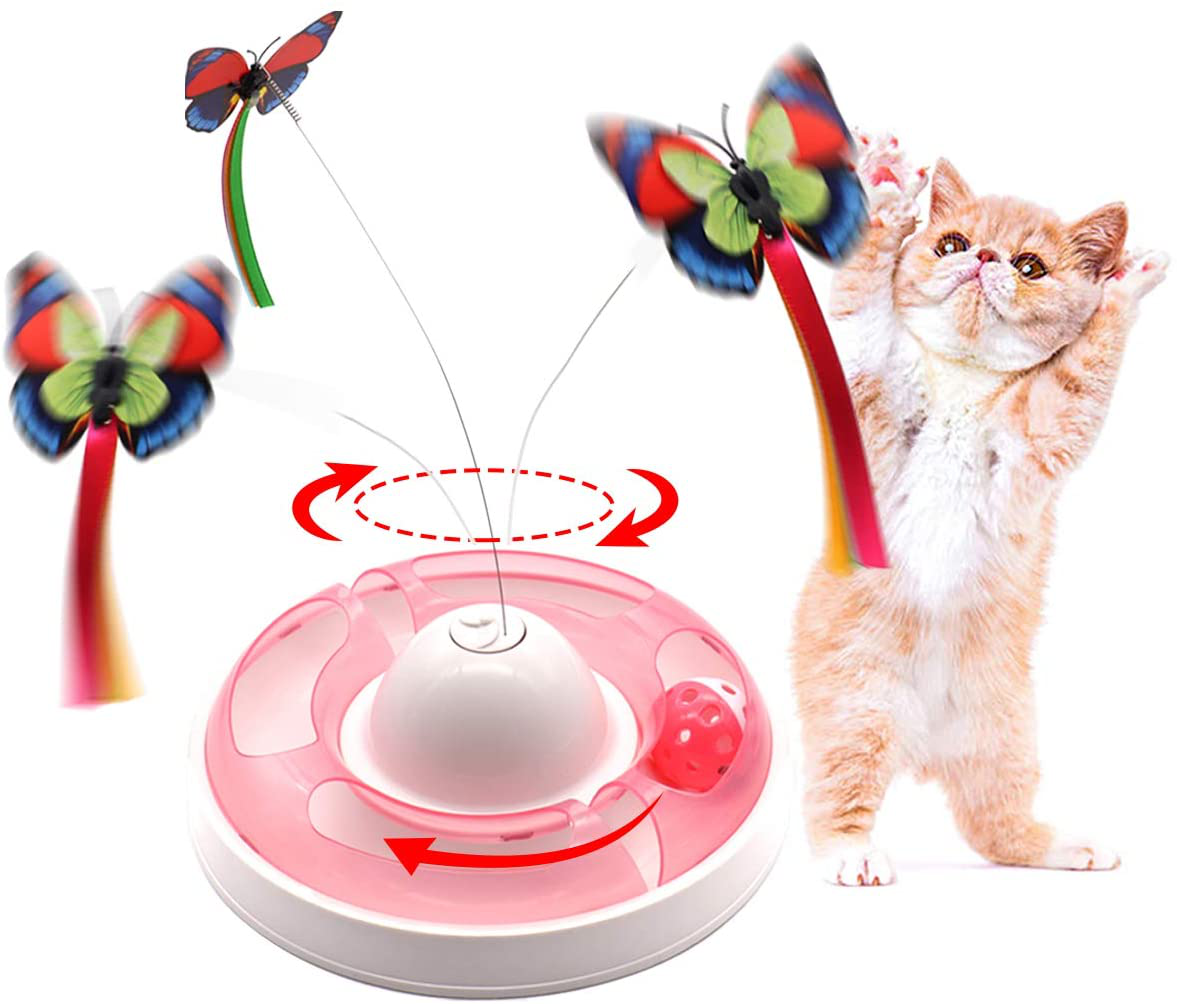 Cat Interactive Toys for Indoor Cats, Automatic Electronic Rotating Butterfly Toy with Roller Tracks Ball, Kitten Exercise Hunting Toy Games for Cats Pet, 2 Butterfly Replacements Animals & Pet Supplies > Pet Supplies > Cat Supplies > Cat Toys Baymyer Pink  