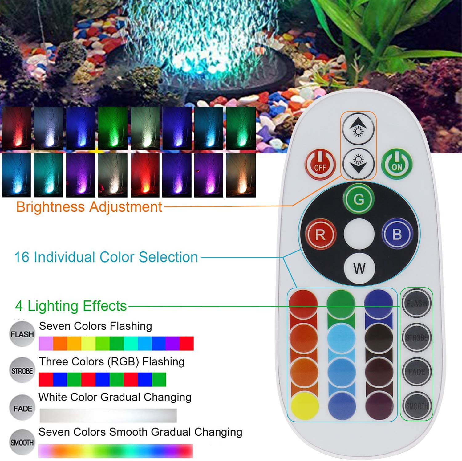 Aquarium Bubble LED Lights RGBW, TOPBRY Remote Controlled Air Stone Disk, with 16 Color Changing, 4 Lighting Effects for Fish Tank Decorations
