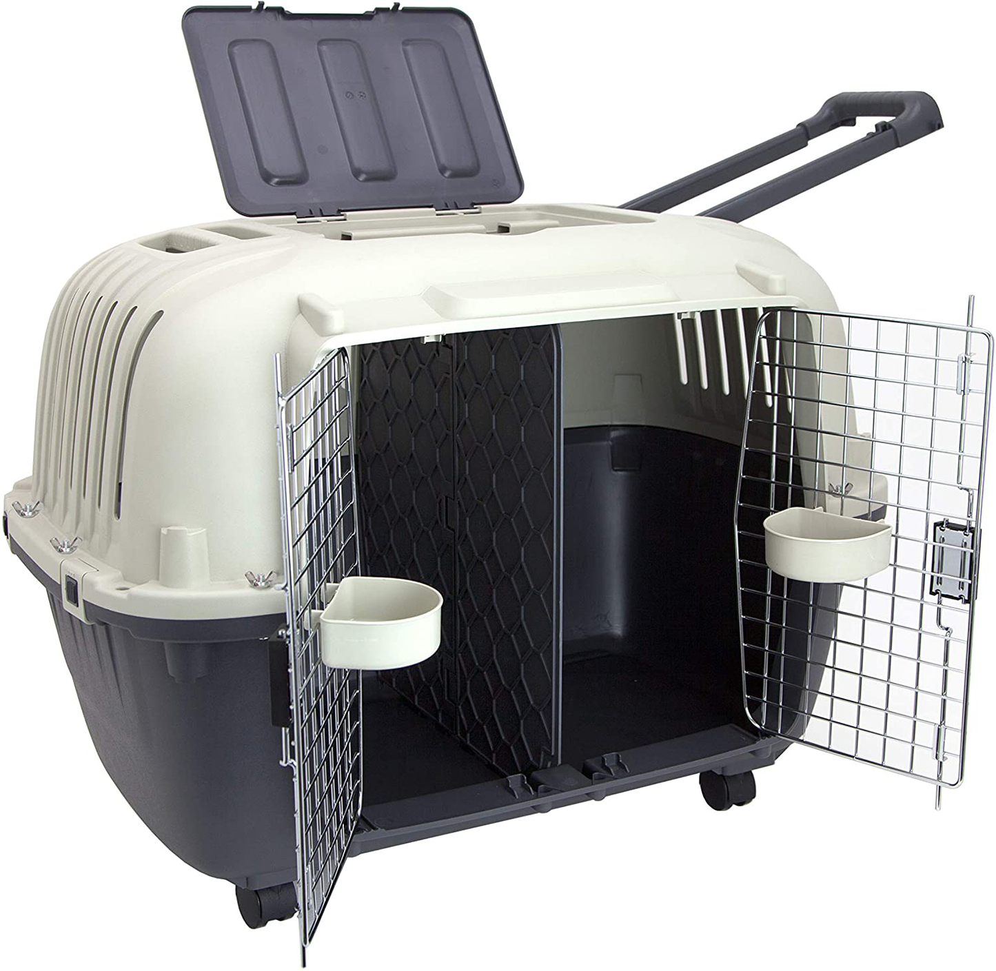Sportpet Designs Large Double Wire Door Plastic Kennel and Feeding Kit, Dog Bowls, Feeding Bowls