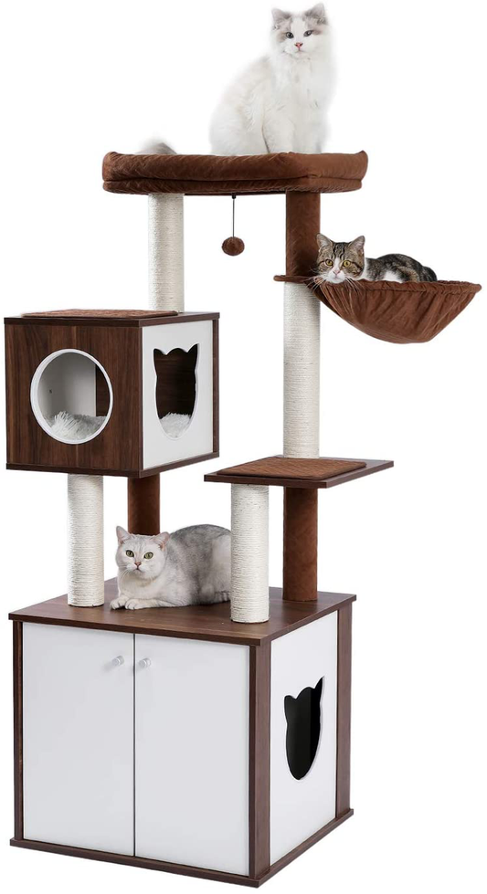 PETEPELA 59’’ All-In-One Cat Tree Multifunctional Modern Cat Tower High-Grade Wood Furniture with Cat Washroom Litter Box House, Cat Condo, Top Perch, Large Hammock and Scratching Post(Brown) Animals & Pet Supplies > Pet Supplies > Cat Supplies > Cat Furniture PETEPELA Brown  