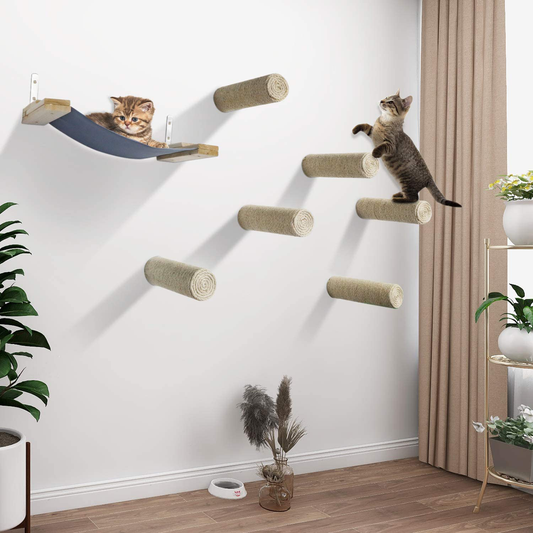 Vikiullf Wall Mount Cat Floating Steps - Set of 7 Cat Scratching Posts Shelves with Cat Hammock for Climbing Sleeping Playing Lounging Perching Cat Furniture, Wood with Sisal Rope (Natural) Animals & Pet Supplies > Pet Supplies > Cat Supplies > Cat Furniture Vikiullf   