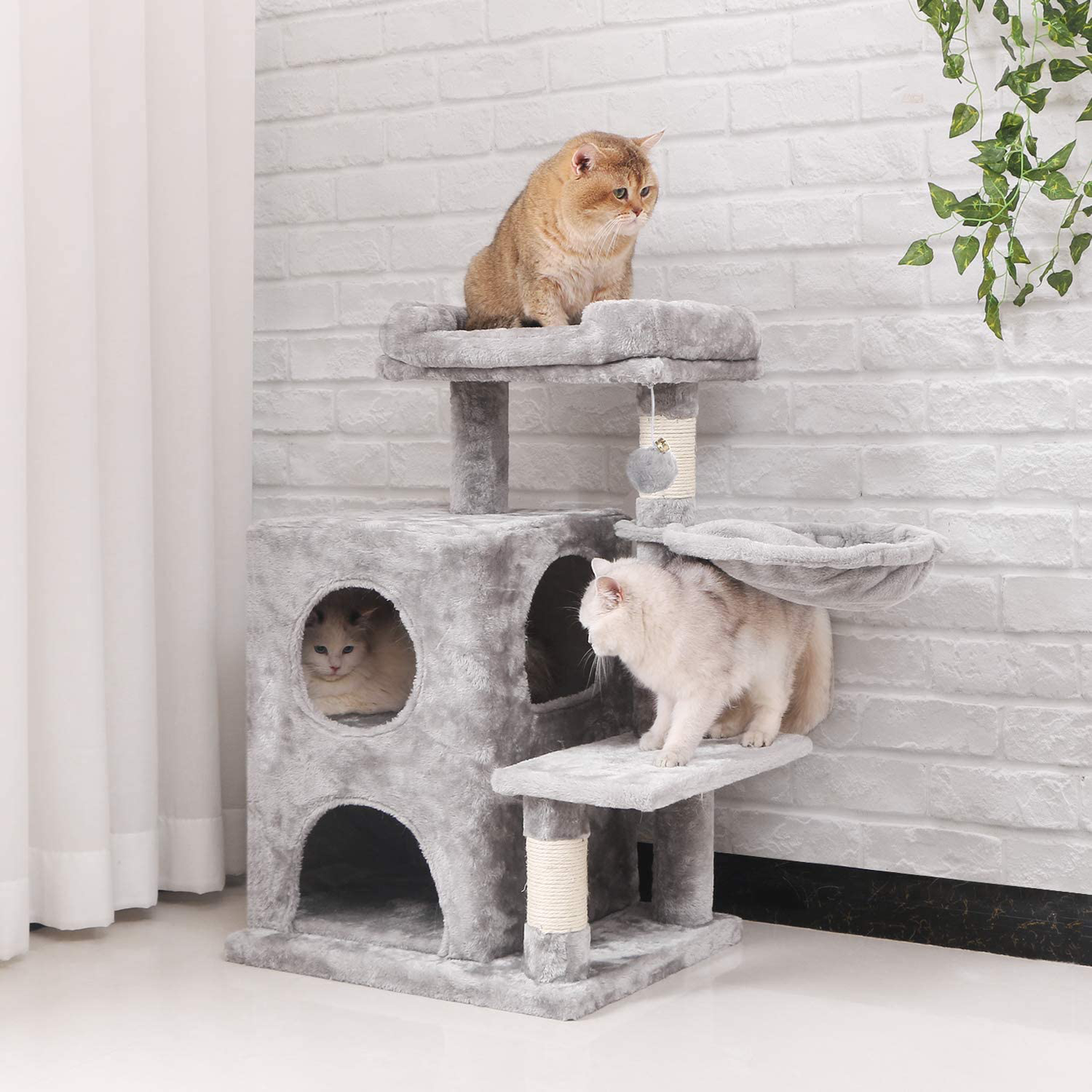 BEWISHOME Cat Tree Condo with Sisal Scratching Posts, Plush Perch, Dual Houses and Basket, Cat Tower Furniture Kitty Activity Center Kitten Play House MMJ06 Animals & Pet Supplies > Pet Supplies > Cat Supplies > Cat Furniture BEWISHOME   