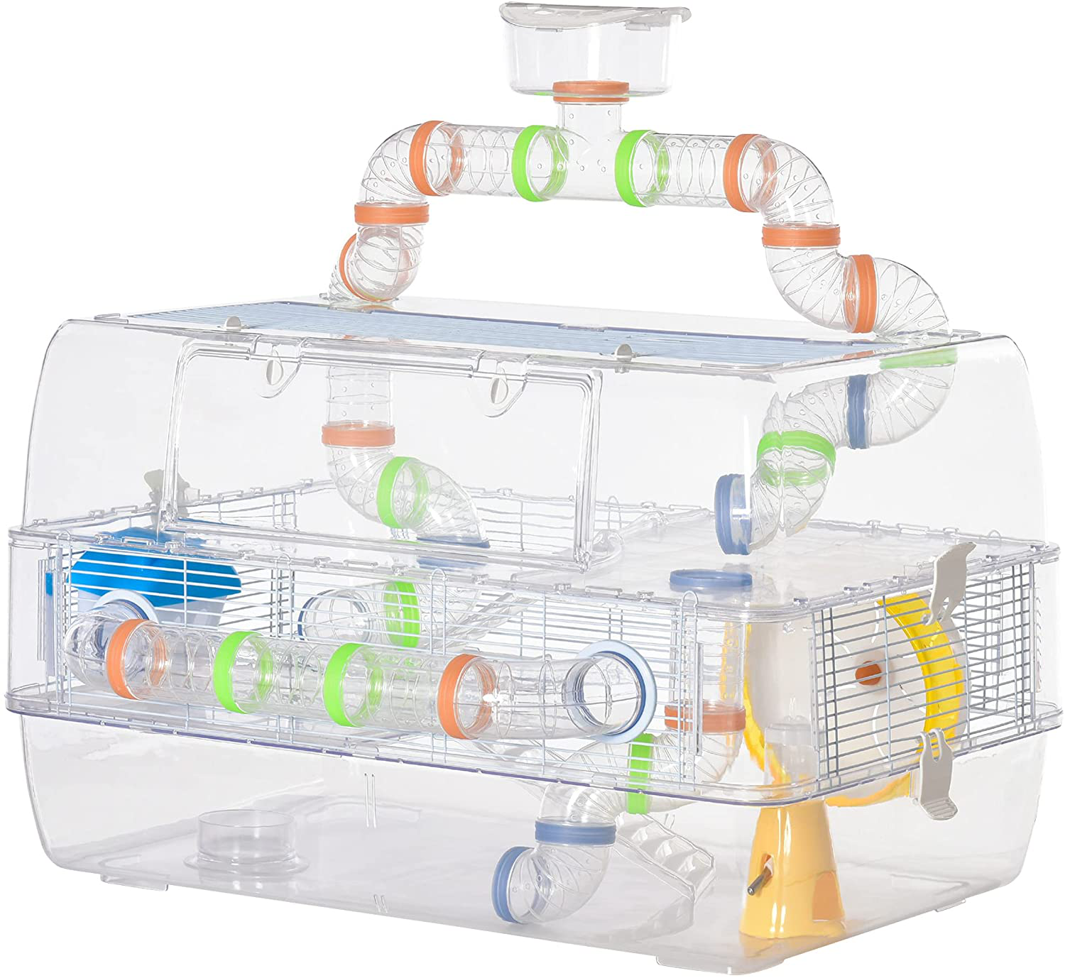 Pawhut Hamster Cage, Small Animal Habitats Rat House Includes Water Bottle, Food Dish, Exercise Wheel, 27.5" L X 18" W X 17.5" H, Transparent