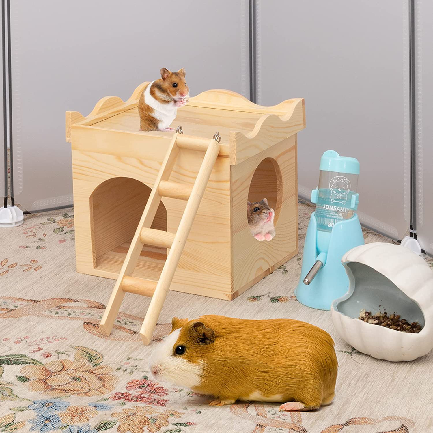 MEWTOGO Wave Style Guinea Pigs Castle Wood House- Guinea Pig Hideout Chinchilla Hideout with Wooden Stairs for Guinea Pigs Hamsters Squirrel