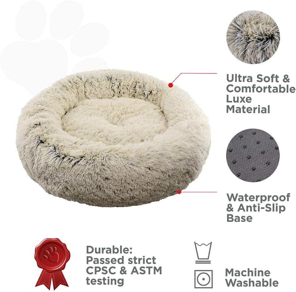 Fuzzball Fluffy Luxe Pet Bed, Calming Donut Cuddler – Machine Washable, Waterproof Base, Anti-Slip (For Small Dogs and Cats up to 25Lbs)
