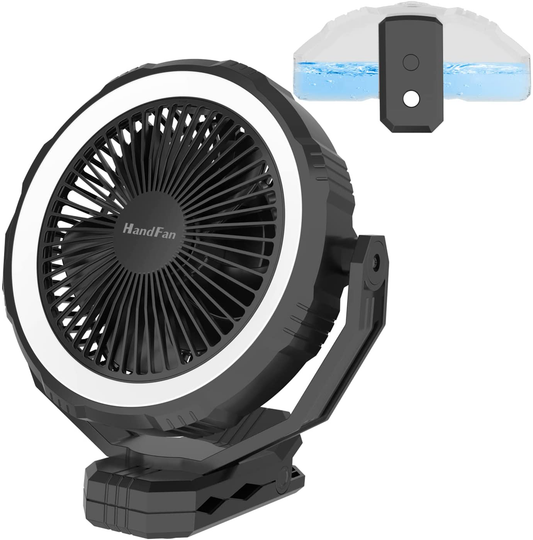 Handfan 8" Rechargeable 10000Mah Battery Power Bank 2 in 1 Operated Clip Fan on Golf Cart/Desk/Bed/Tent with Reinforcement, 4 Speeds Strong Airflow, 3 Gear Lights, 400Ml Spray Tank, Timer, Hook