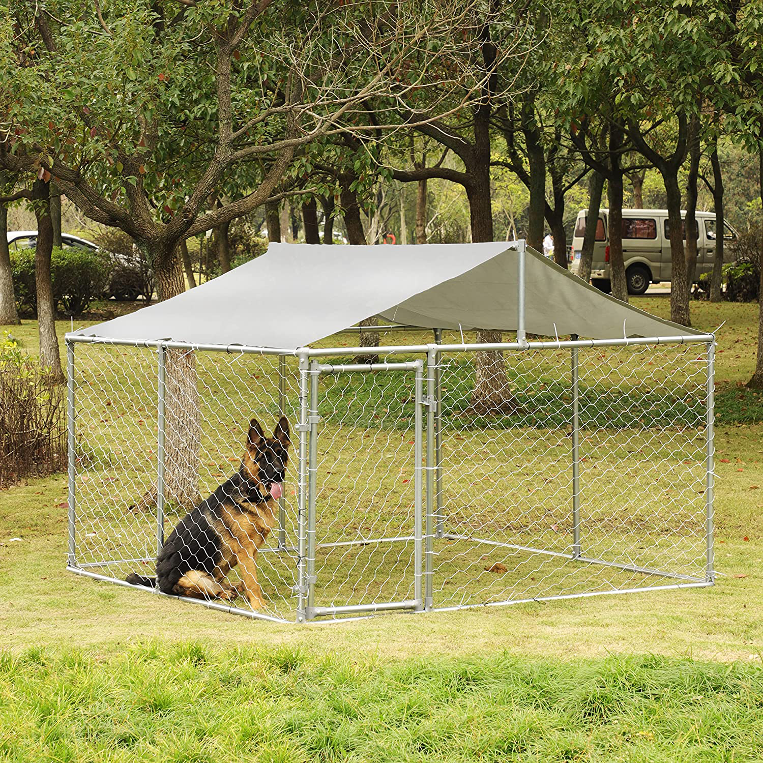 MAGIC UNION Dog Kennel Dog Fence Outdoor Metal Dog Cage outside Dog Run House Pet Enclosure Fencing with Water-Resistant Cover Roof Backyard Dog Play Pen
