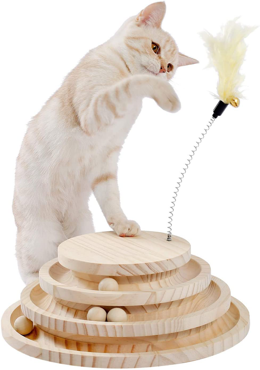 Made4Pets Wooden Cat Toy, 12.6 Inches 3-Layer Cat Turntable with Cat Balls, Cat Toy Feather Stick, Feather Teaser, Interactive Training