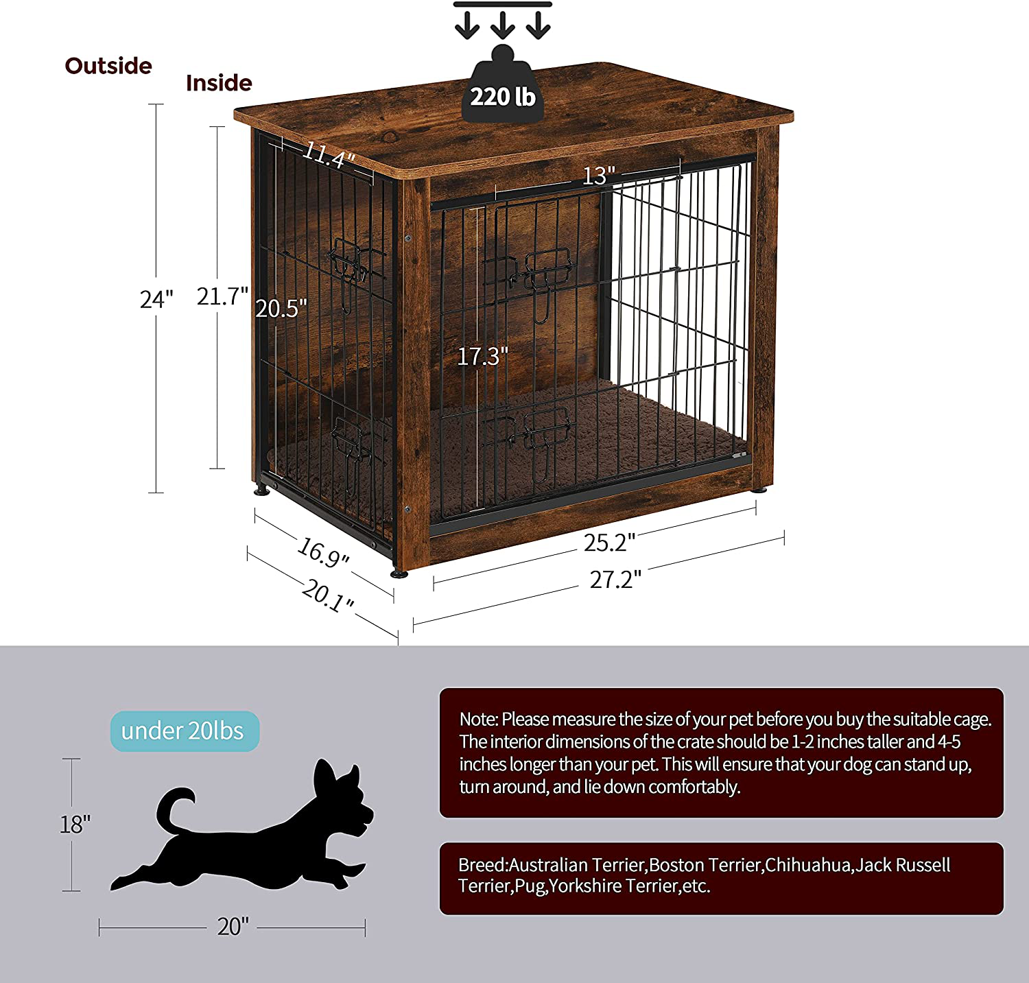 DWANTON Dog Crate Furniture, Wooden Pet Crate End Table, Indoor Dog Kennel for Small/Medium/Large Dog