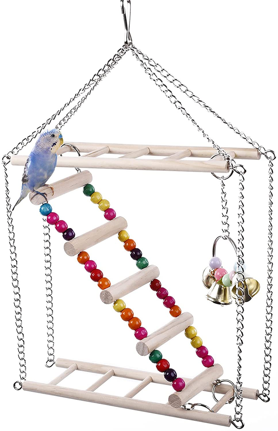 SAWMONG Bird Ladder, Bird Climbing Toys for Parrots, Wooden Bird Perch Bird Exercise Gym with Ladder and Bells for Parakeets Lovebirds Cockatiels and Small Birds Animals & Pet Supplies > Pet Supplies > Bird Supplies > Bird Ladders & Perches SAWMONG   