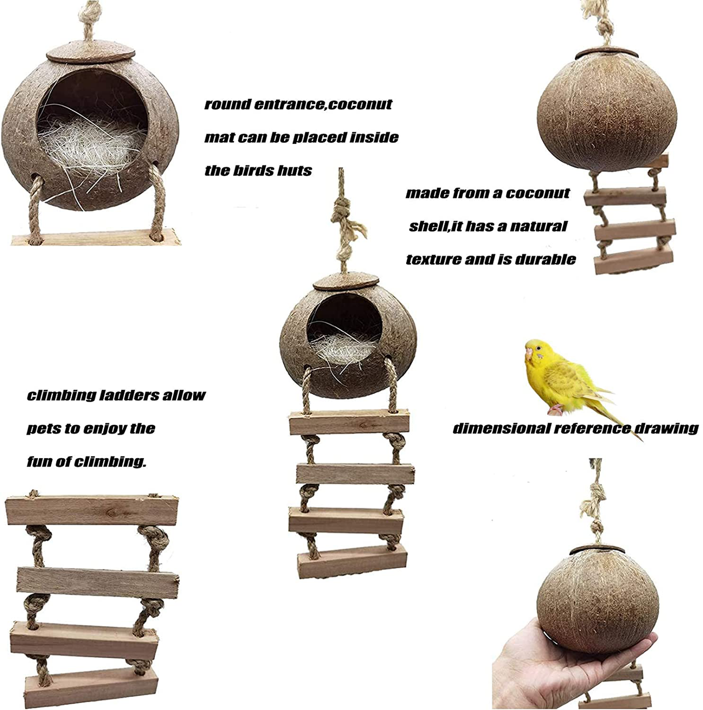 Hamiledyi Natural Coconut Bird Nest with Ladder, Hanging Fiber Shell Birds House Parrot Hut Pets Hideaway Avians Perch Stand Platform for Parakeet Lovebirds Canary Animals & Pet Supplies > Pet Supplies > Bird Supplies > Bird Ladders & Perches Hamiledyi   