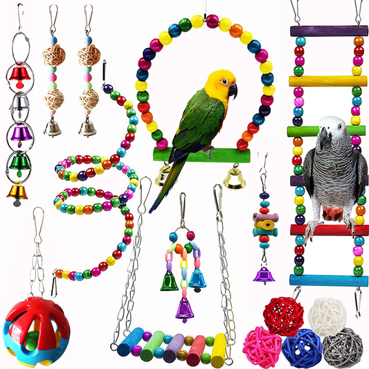 Hamiledyi Bird Parrot Swing Chewing Toy Set 15PCS Wooden Hanging Bell with Hammock Climbing Ladders Colorful Pet Birds Cage Toys for Small Parakeet Cockatiel Conures Finches Budgie Macaws Love Birds
