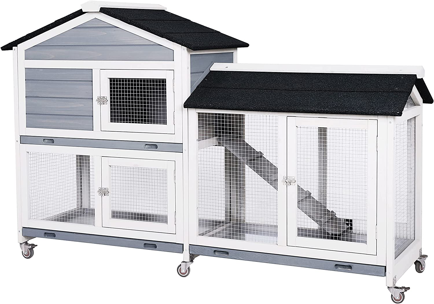 MUPATER Wooden Rabbit Hutch Outdoor Indoor Bunny Cage with Casters, Removable Trays, Ramp and Run Animals & Pet Supplies > Pet Supplies > Small Animal Supplies > Small Animal Habitats & Cages MUPATER White and Grey  