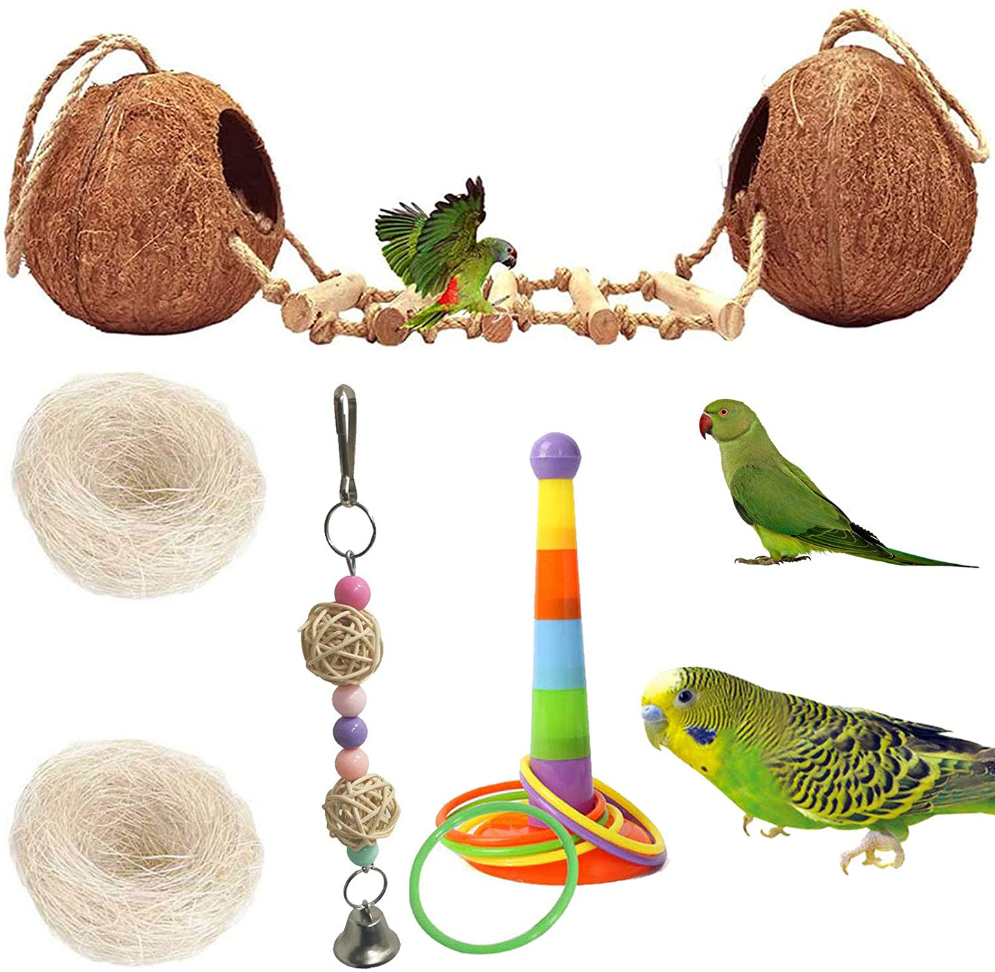 Kathson Bird Hides Coconut Nest with Ladder Perches Hanging Parrot House Cage Natural Coconut Fiber Parakeet Chewing Toys Intelligence Training Rings for Small Budgies Cockatiels 5PCS Animals & Pet Supplies > Pet Supplies > Bird Supplies > Bird Ladders & Perches kathson   