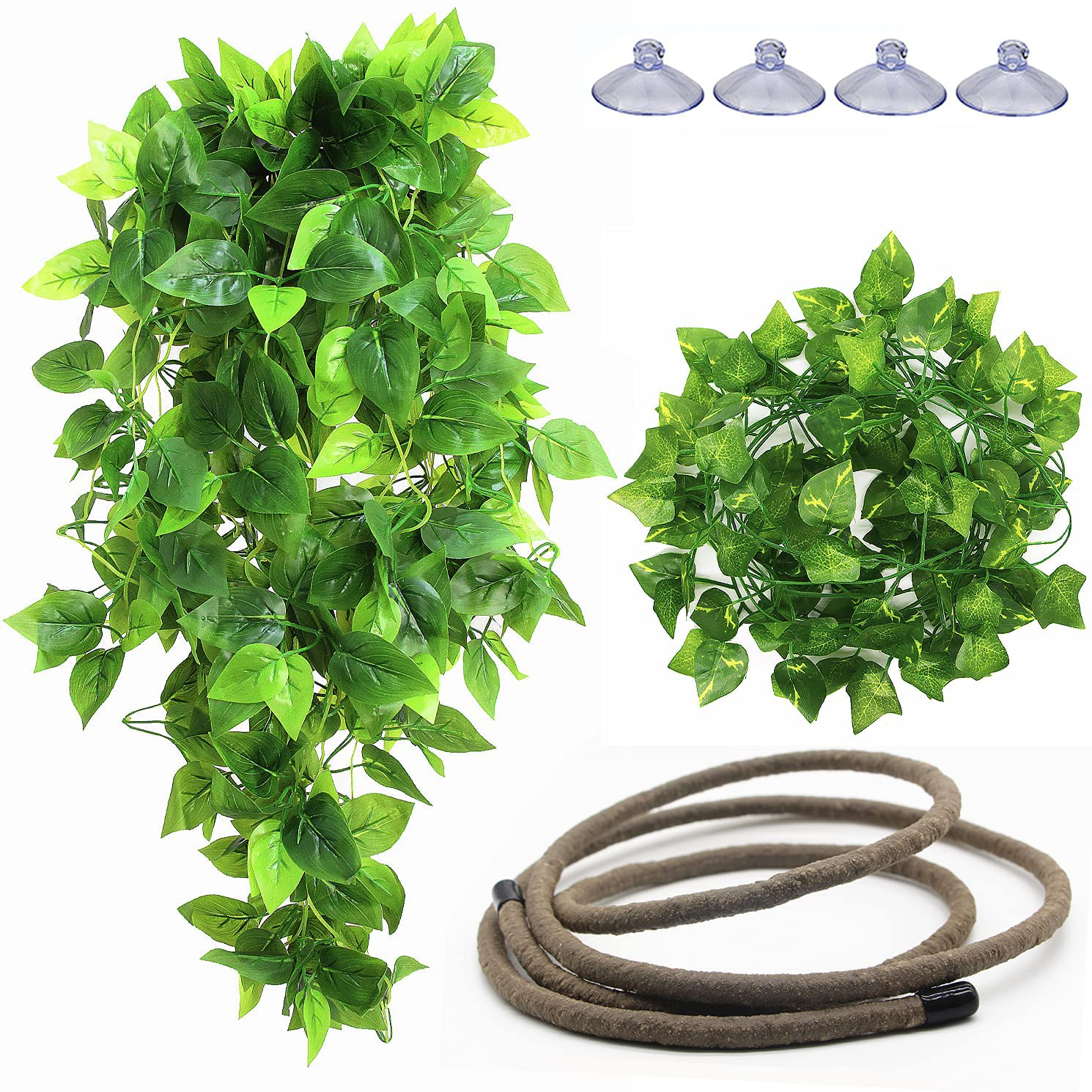 TTEIOPI Reptile Plants, Bendable Hanging Jungle Vines & Artificial Leaves Terrarium Tank Fake Plants Habitat Decorations with Suction Cup for Bearded Dragon Hermit Crab Lizard Snake Geckos Chameleon.