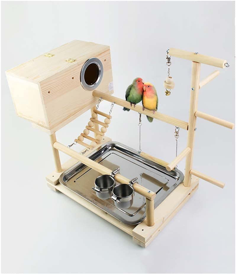 Bird Parrots Playground with Parakeet Nest Box Feeding Cups Bird Play Gym Wood Perch Stand Climb Ladders Swing Chewing Toys Exercise Activity Center for Conure Cockatiel Lovebirds(Include a Tray)