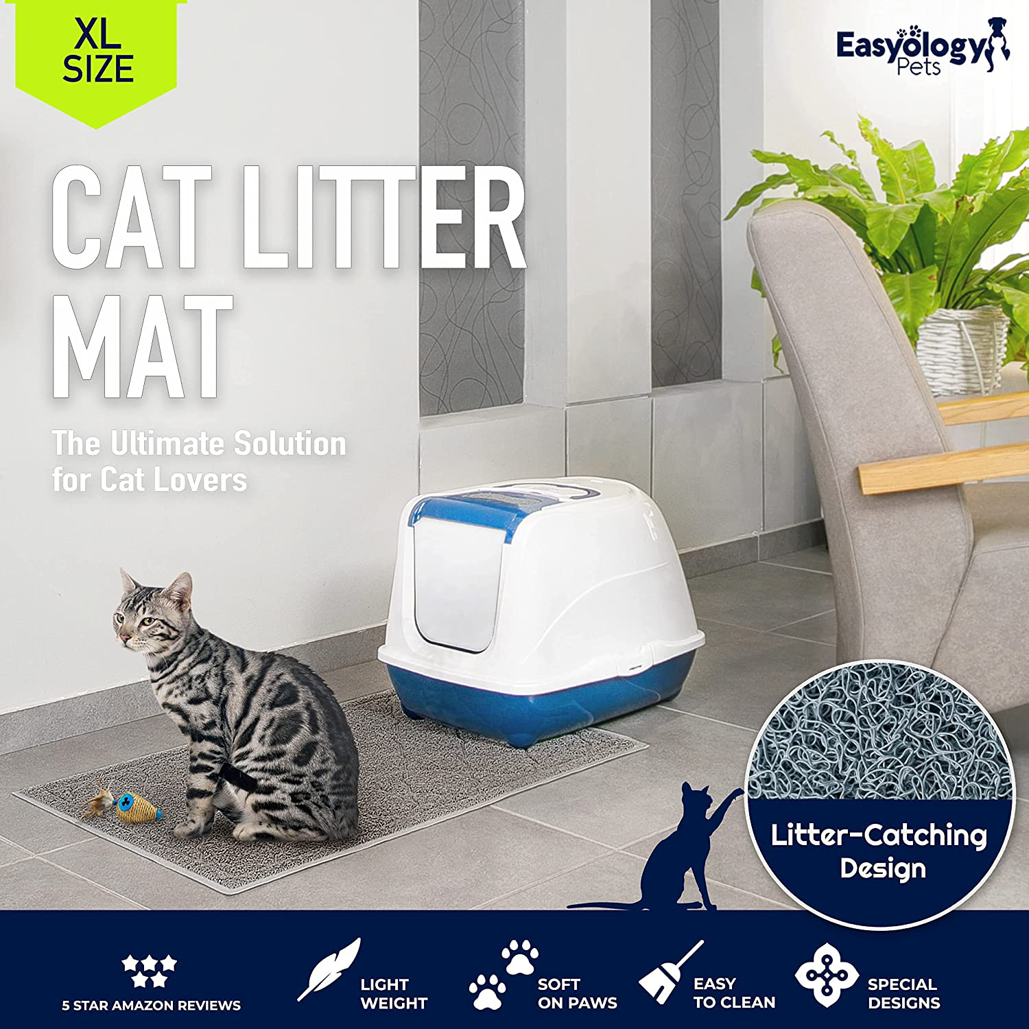 Premium Large Cat Litter Mat 35" X 23", Traps Messes, Easy Clean, Durable, Litter Box Mat with Scatter Control - Soft on Kitty Paws