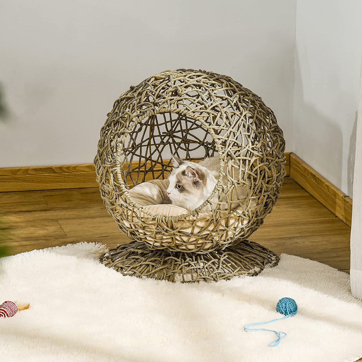 Pawhut Rattan Elevated Cat Bed Kitty Ball with Comfortable Soft Cushion, Wicker Construction and round Base, Brown