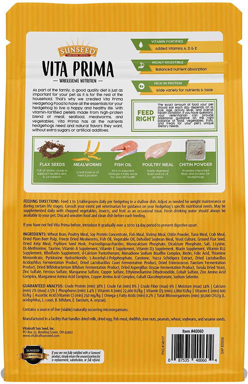 Sunseed Vita Prima Wholesome Nutrition Hedgehog Food All-In-One Pellet Diet, 25 Oz (Packaging May Vary) Animals & Pet Supplies > Pet Supplies > Small Animal Supplies > Small Animal Food Sunseed   