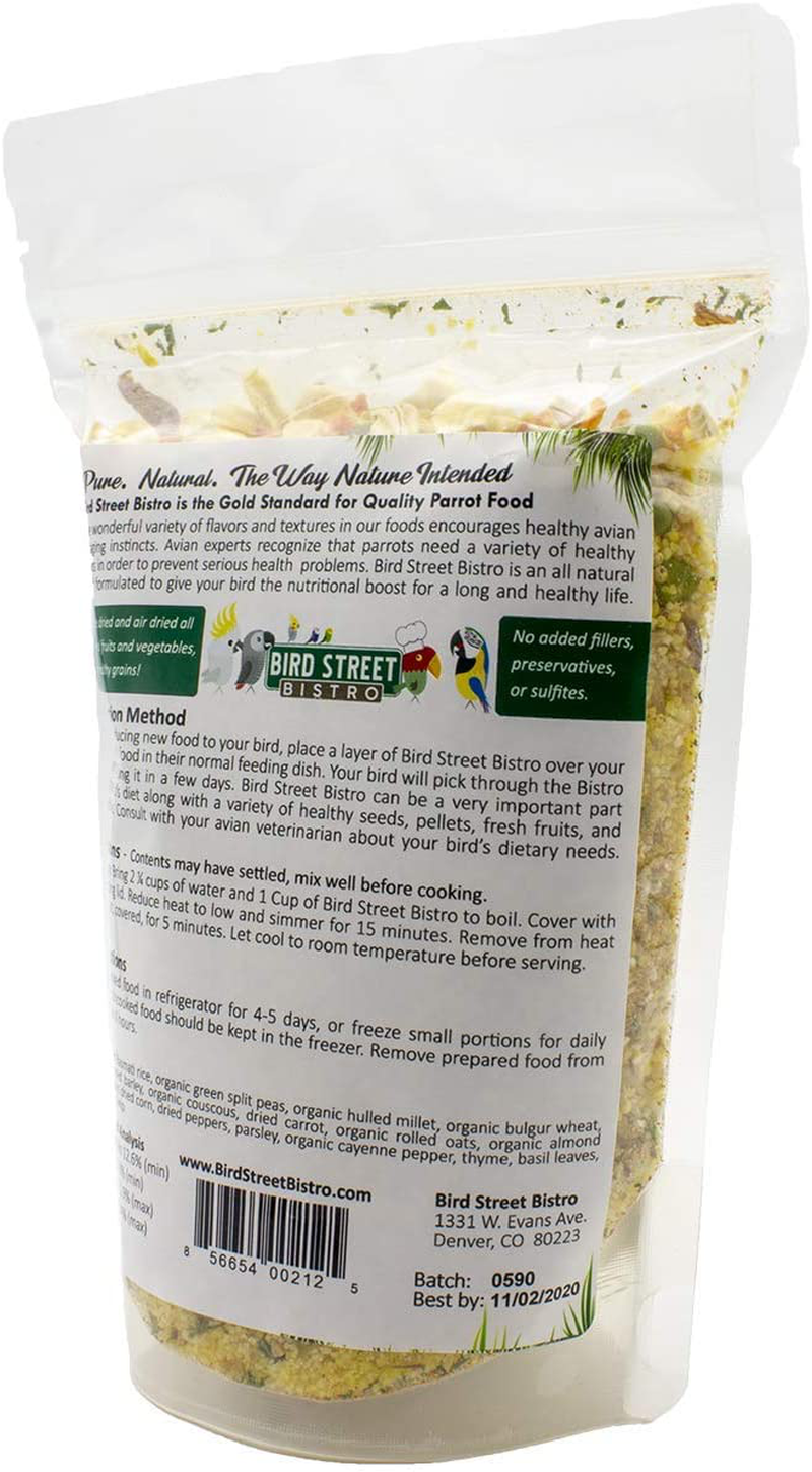 Bird Street Bistro Parrot Food Cooks in 3-15 Min| Natural & Organic Grains and Legumes, Healthy, Non-Gmo Fruits, Vegetables, Healthy Nuts, and Spices - No Fillers, Sugars, or Sulfites Animals & Pet Supplies > Pet Supplies > Bird Supplies > Bird Food Bird Street Bistro   